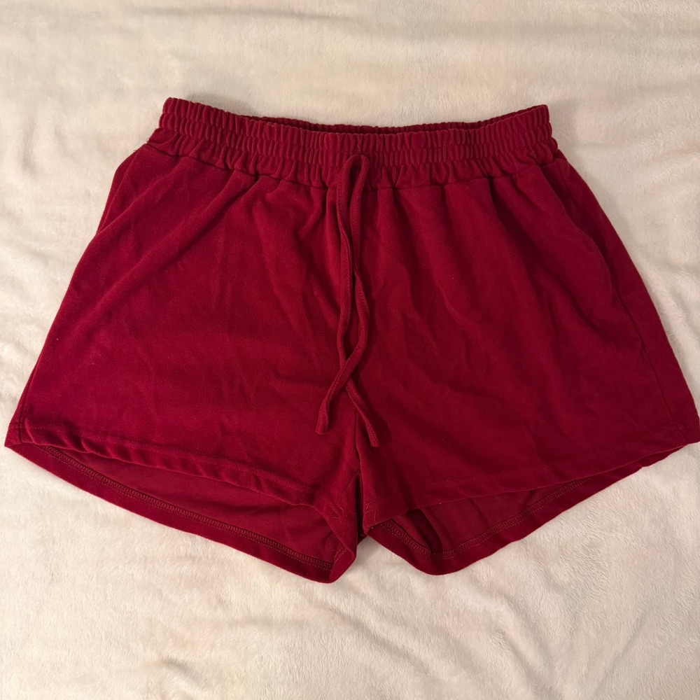 Unbranded Red Drawstring Lounge Shorts with Pockets Soft Knit Casual Relaxed